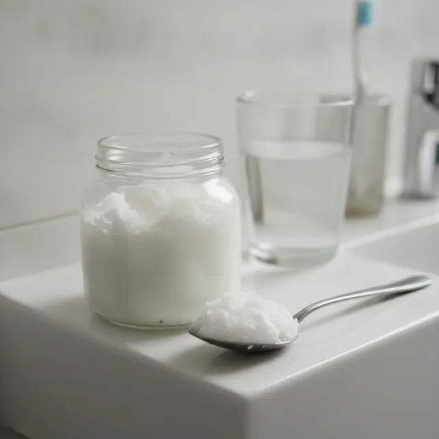Pot d'huile de coco et cuillère sur un rebord de lavabo, avec un verre d'eau et une brosse à dents
