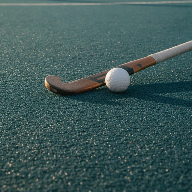 Une crosse de hockey sur gazon et une balle blanche posées sur un terrain synthétique