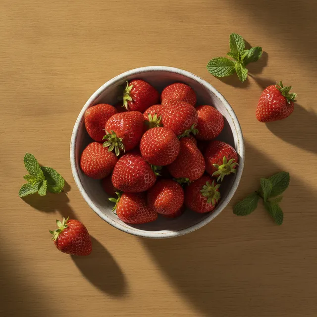 Un bol de fraises fraiches bien rouges vu de dessus sur une table en bois avec des feuilles de menthe