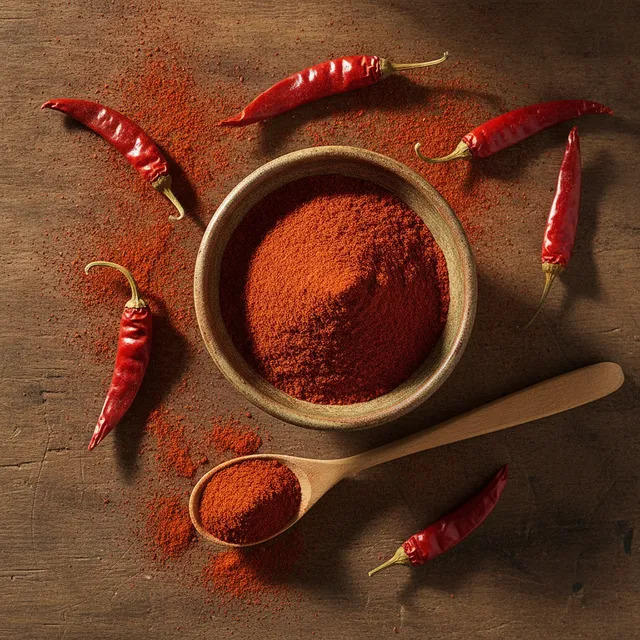 Bol de poudre de paprika rouge et cuillère en bois entourés de piments rouges séchés, sur une table en bois