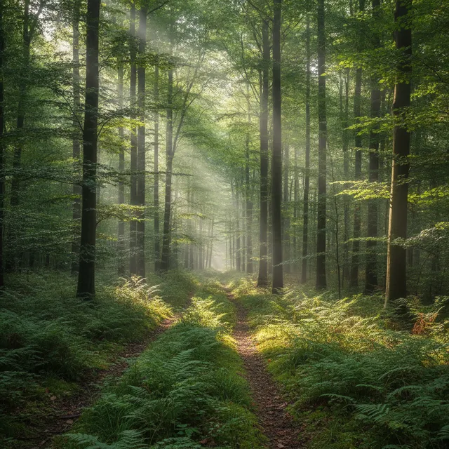 Sentier de sous-bois baigné de rayons de soleil dans une forêt de feuillus