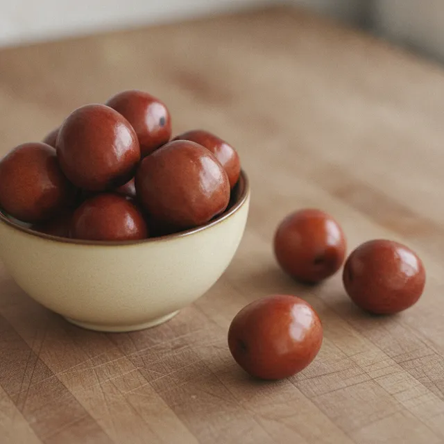 Jujubes frais rouge-brun dans un bol en céramique sur un plan de travail en bois