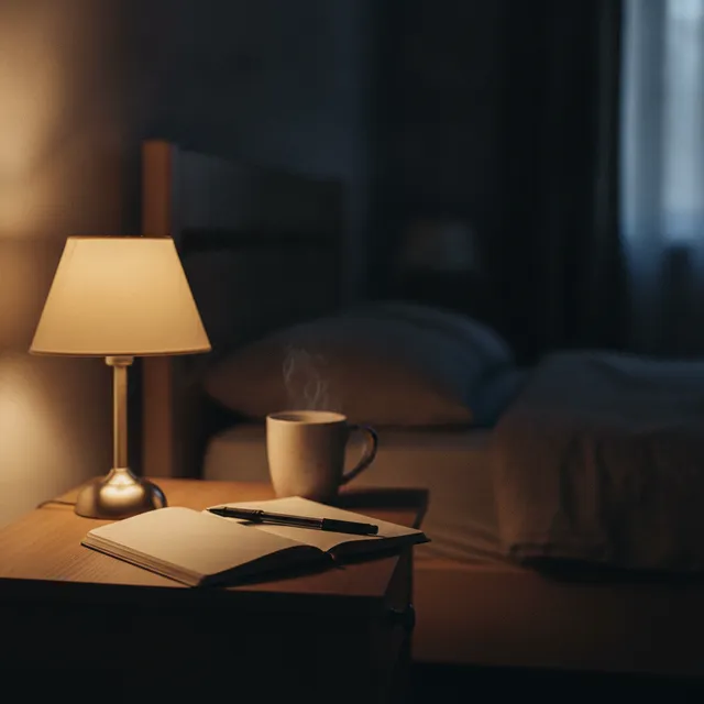 Carnet de gratitude ouvert avec un stylo sur une table de chevet éclairée par une lampe, le soir