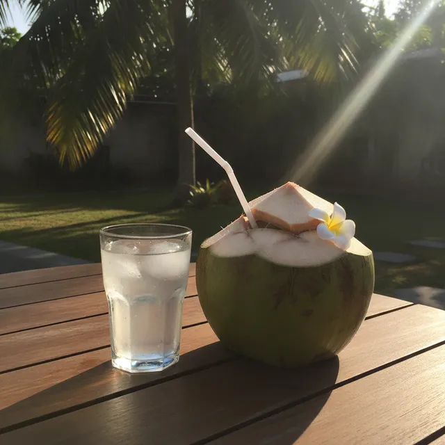 Un verre d'eau de coco et une noix de coco verte ouverte à la paille sur une table en bois dans un jardin ensoleillé