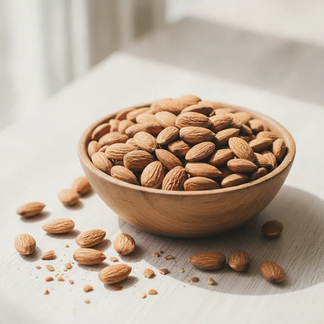 Un bol d'amandes nature fraîches sur une table en bois clair