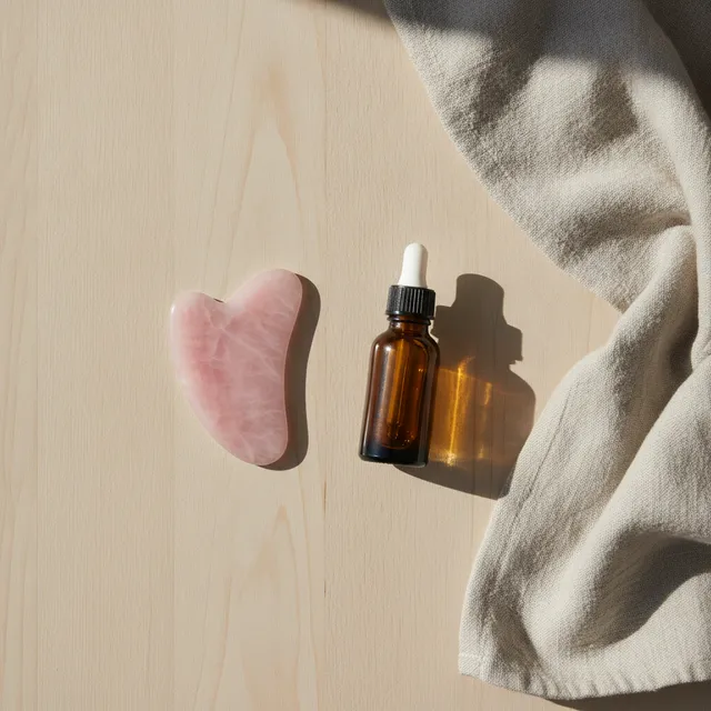 Gua sha en quartz rose posé sur une table en bois clair, à côté d'un flacon d'huile pour le visage