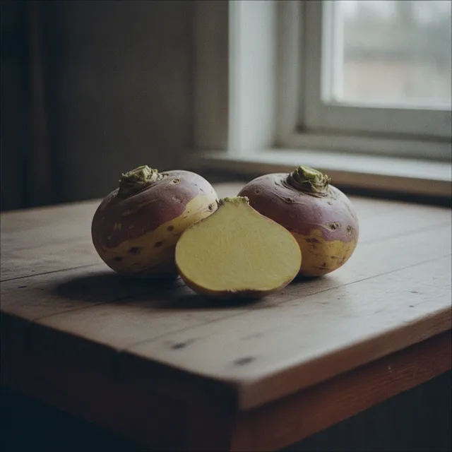 Deux rutabagas entiers à la peau jaune et violacée et un demi rutabaga montrant sa chair jaune, posés sur une table en bois