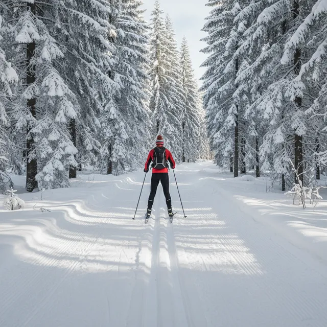 Skieur de fond de dos glissant sur une trace damée au milieu d'une forêt de sapins enneigés