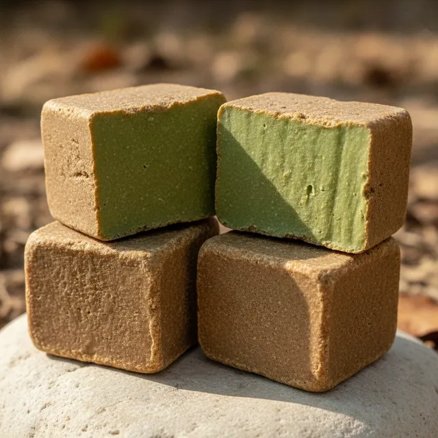 Cubes de savon d'Alep empilés, brun beige à l'extérieur et vert vif à l'intérieur sur la face coupée, posés sur une pierre claire