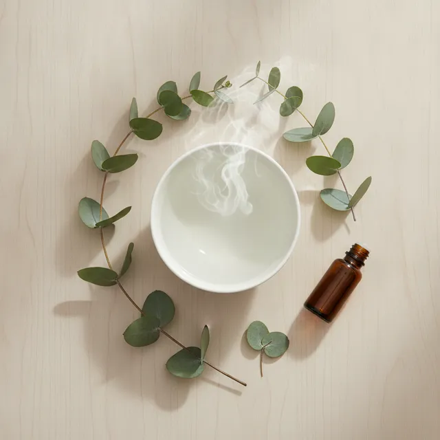Bol d'eau chaude fumant entouré de branches d'eucalyptus fraîches et d'un flacon d'huile essentielle, vu de dessus