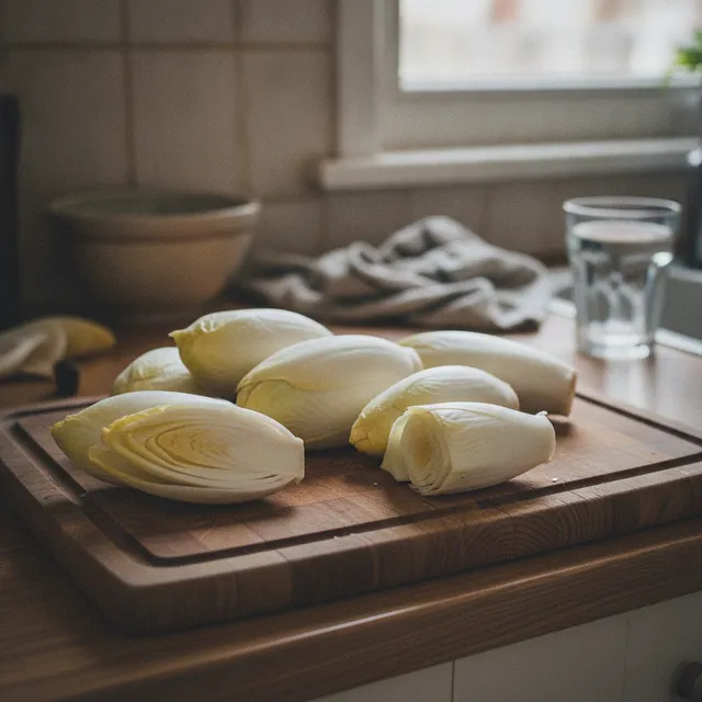 Endives crues sur une planche à découper en bois, l'une coupée en deux montrant son coeur jaune pâle