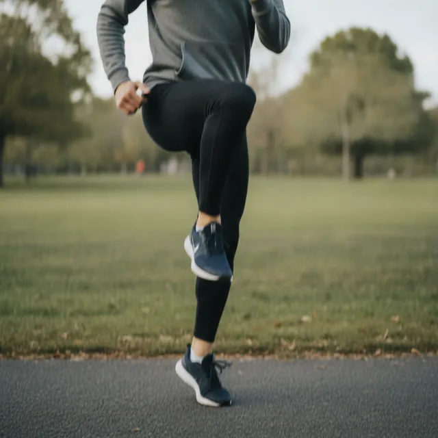 Jambes et chaussures de sport d'une personne faisant des montées de genoux sur un sentier de parc à la lumière du matin