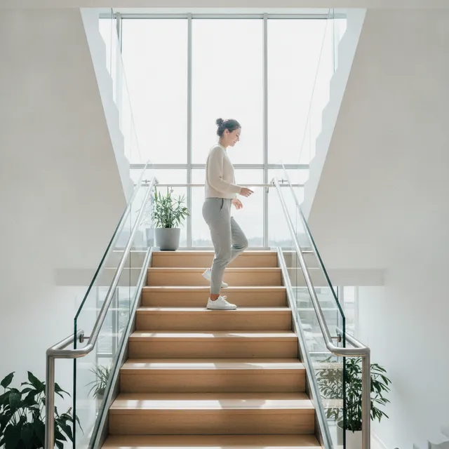 Une personne monte un escalier clair et lumineux dans un immeuble moderne