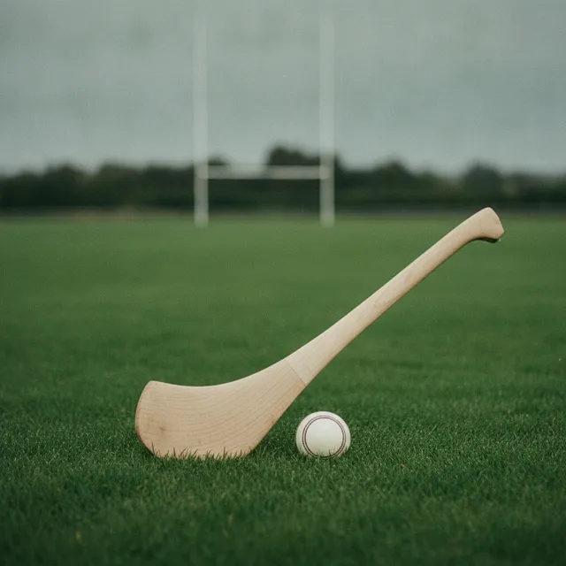 Une crosse de hurling en bois de frêne et une balle sliotar posées sur la pelouse d'un terrain, poteaux de but en arrière-plan