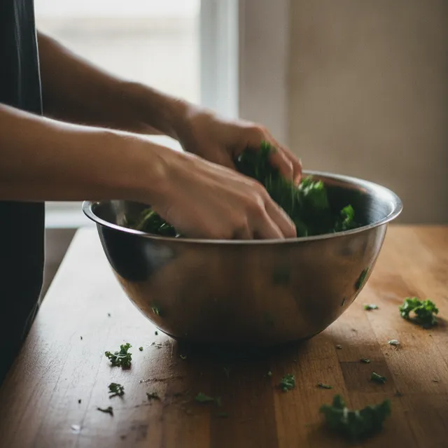 Deux mains pétrissent des feuilles de chou kale dans un saladier en inox sur un plan de travail en bois