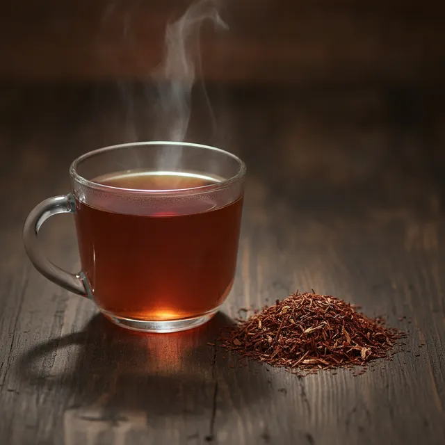 Tasse en verre d'infusion de rooibos rouge fumante à côté d'un petit tas de rooibos séché sur une table en bois sombre