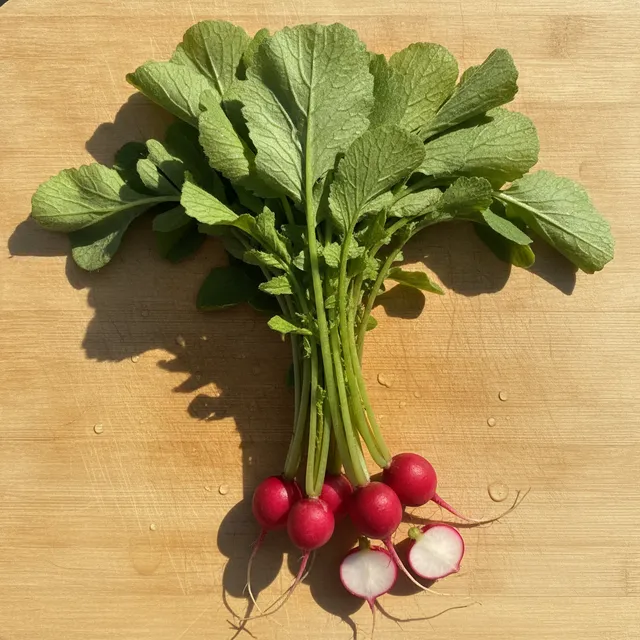 Botte de radis roses avec leurs fanes vertes sur une planche en bois, un radis coupe en deux