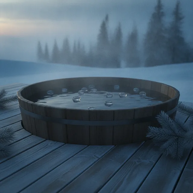 Un bain nordique en bois rempli d'eau glacée et de glaçons, posé sur une terrasse en bois par un matin d'hiver