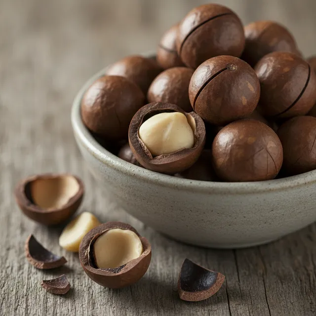 Noix de macadamia entières en coque et amandes décortiquées dans un bol en céramique sur une table en bois