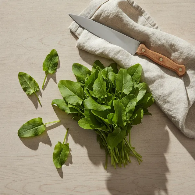 Botte de feuilles d'oseille fraiche vert vif sur une table en bois, avec un couteau et un torchon en lin