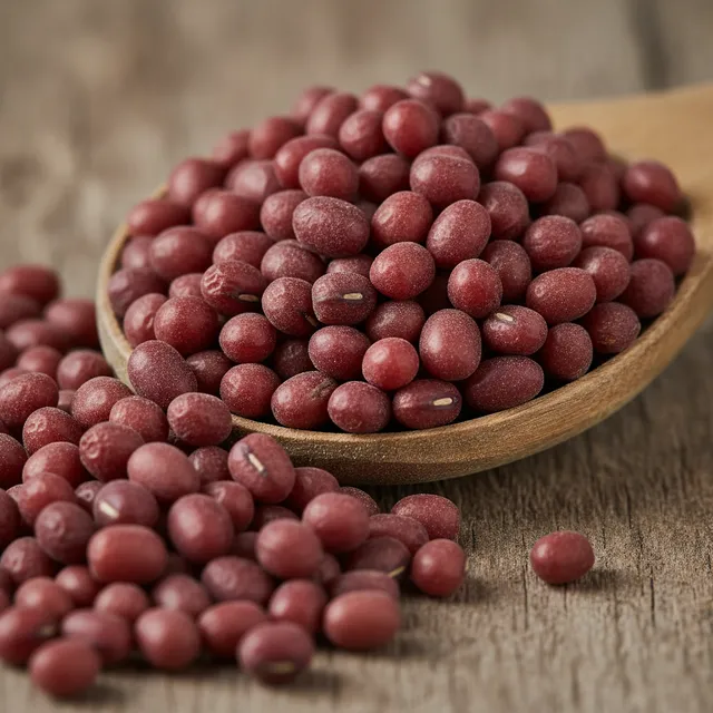 Haricots azuki rouge foncé secs débordant d'une cuillère en bois