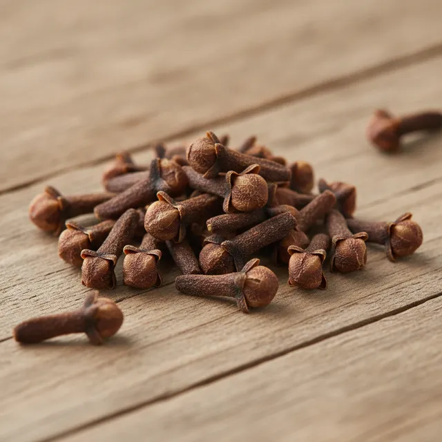 Petit tas de clous de girofle secs bruns sur une planche en bois