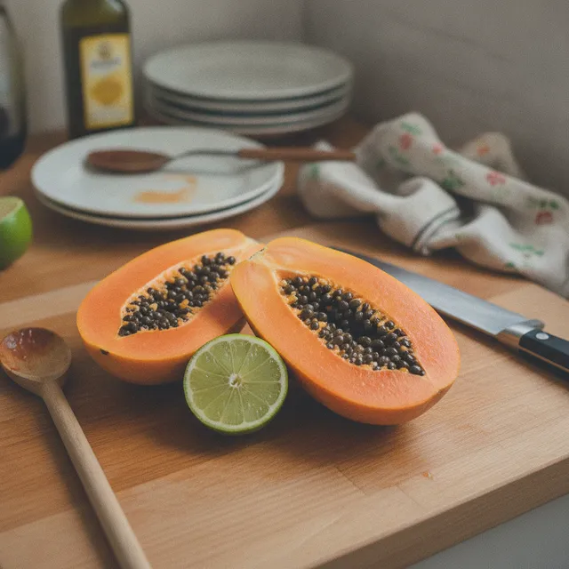 Papaye mûre coupée en deux, chair orange et graines noires, avec un demi-citron vert sur un plan de travail en bois