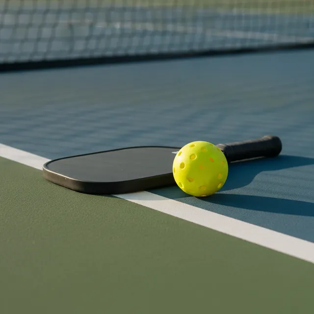 Raquette de pickleball et balle en plastique perforée jaune posées sur un terrain extérieur