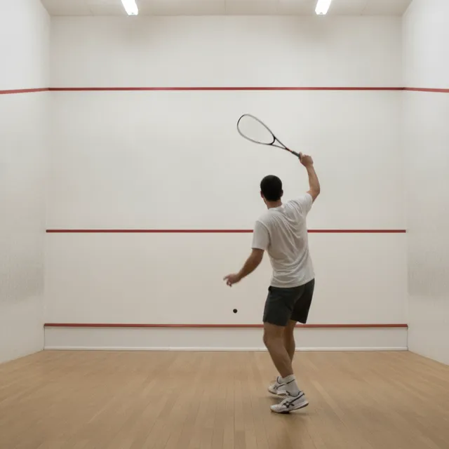 Un joueur de squash vu de dos frappe la balle dans un court blanc