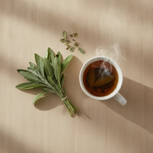 Bouquet de feuilles de sauge fraîches à côté d'une tasse d'infusion fumante et de feuilles séchées