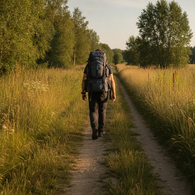 Un marcheur de dos sur un sentier de campagne avec un sac à dos lesté sanglé contre les omoplates