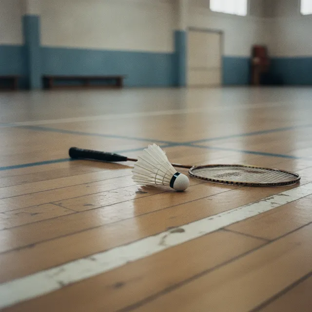 Un volant de badminton et une raquette posés sur le parquet d'un gymnase municipal