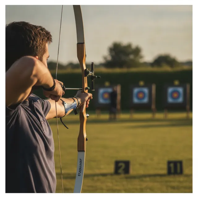 Un archer bande son arc classique sur un pas de tir en extérieur, cibles au fond