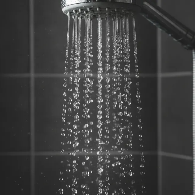 Pomme de douche laissant couler un jet d'eau sur fond de carrelage sombre