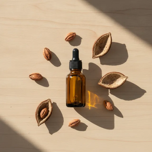 Flacon en verre ambre d'huile d'argan avec pipette, entoure d'amandons et de fruits d'arganier sur une table en bois