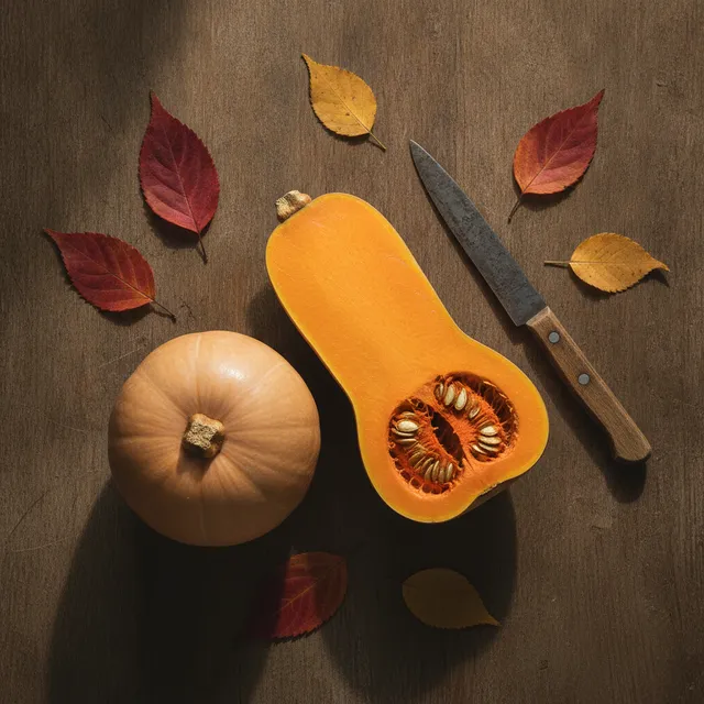 Une courge butternut entière et une moitié coupée montrant la chair orange, sur une table en bois avec des feuilles d'automne