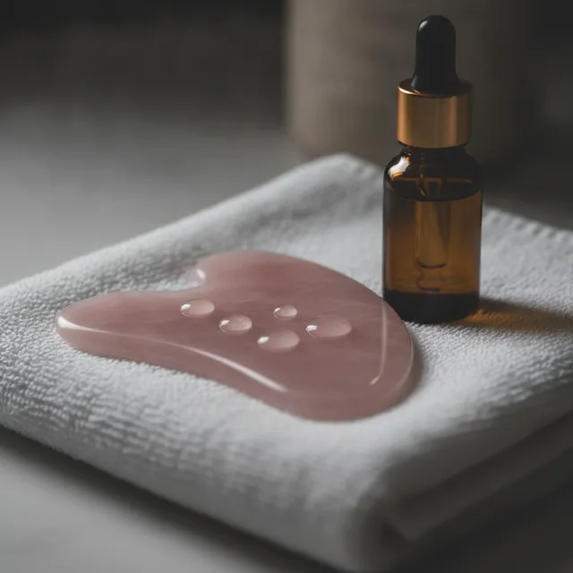 Gua sha en quartz rose avec quelques gouttes d'huile, posé sur une serviette à côté d'un flacon d'huile de soin