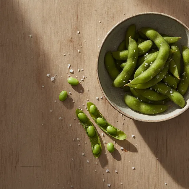 Bol de fèves d'edamame vertes dans leur cosse avec du gros sel, vue de dessus sur une table en bois