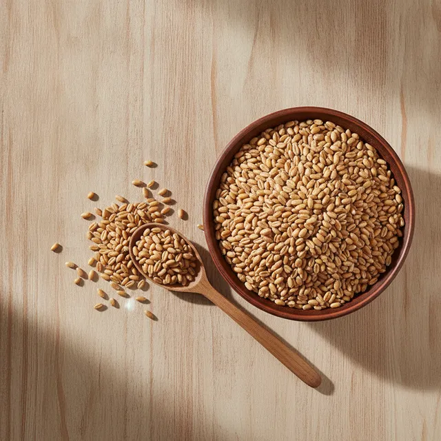 Bol de grains de blé de Khorasan (kamut) cuits sur une table en bois, vue de dessus