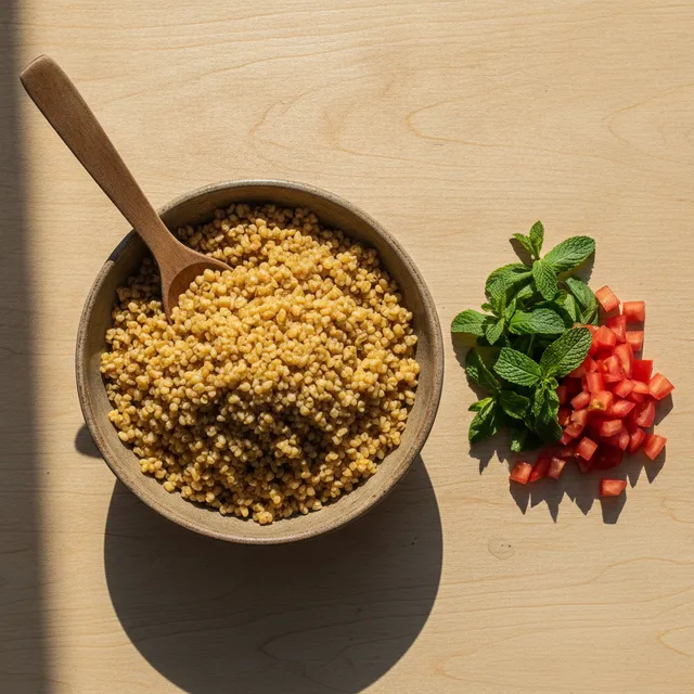 Bol de boulgour cuit aux grains ambrés, menthe fraîche et dés de tomate sur une table en bois