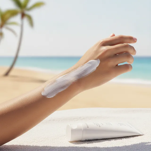Application de crème solaire sur un bras, tube posé sur une serviette de plage au soleil
