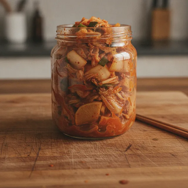 Bocal en verre ouvert rempli de kimchi rouge orangé sur un plan de travail en bois, baguettes à côté