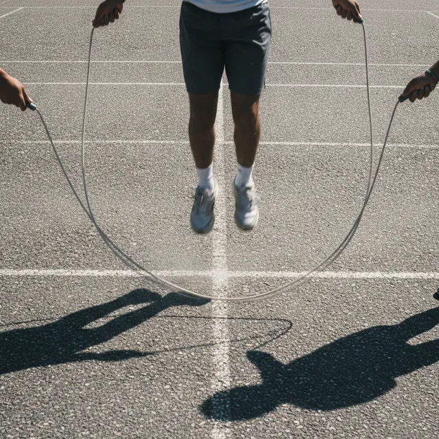 Deux personnes tournent deux cordes à sauter au-dessus d'un sol de cour urbaine pendant qu'une autre saute au centre, jeu de double dutch
