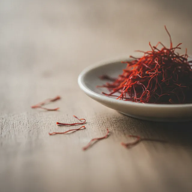 Filaments de safran rouge dans une petite coupelle en céramique sur une table en bois