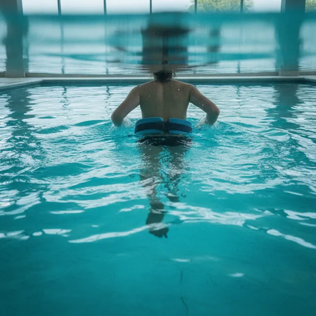 Personne de dos dans la partie profonde d'une piscine, portant une ceinture de flottaison, en position de course en eau profonde (aquajogging)