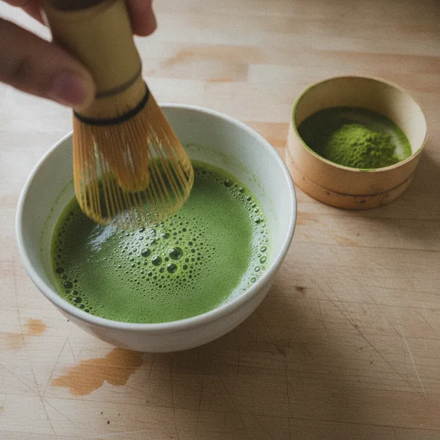Bol de matcha vert fouetté avec un fouet en bambou, poudre de matcha à côté sur un plan de travail en bois