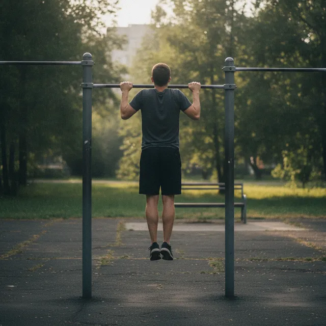 Une personne de dos fait une traction sur une barre de street workout dans un parc