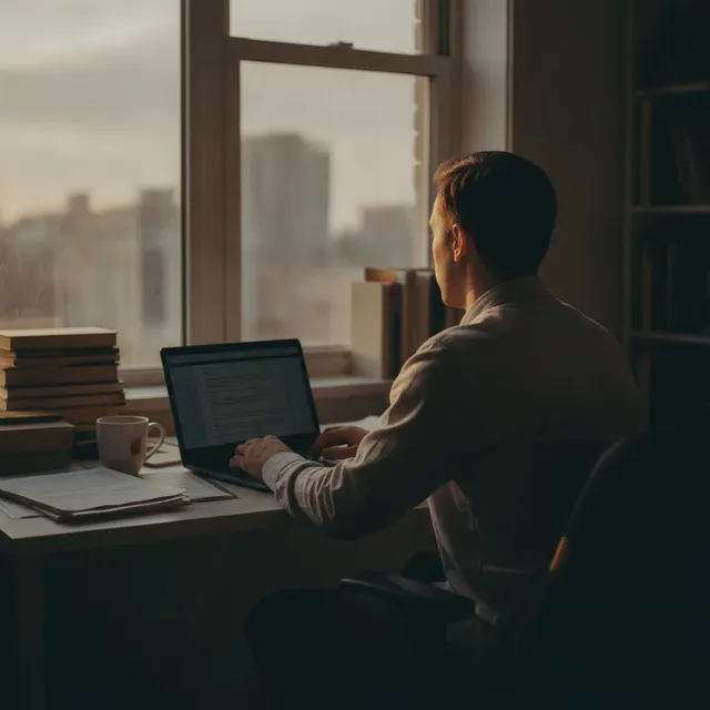 Une personne à son bureau lève les yeux de son ordinateur portable pour regarder au loin par la fenêtre