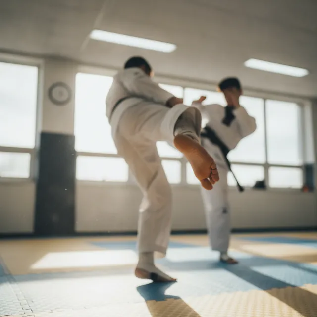 Coup de pied haut de taekwondo dans un dojang, gros plan sur le pied