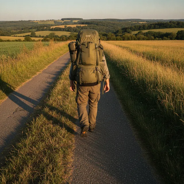 Personne vue de dos marchant sur un chemin de campagne avec un sac à dos lesté bien rempli